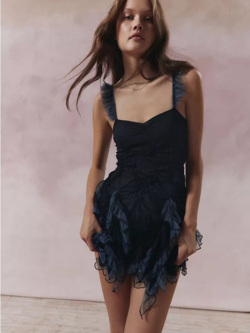 Kimchi Blue Elizabeth Textured Ruffled Mini Dress with Feather-Strap Detail